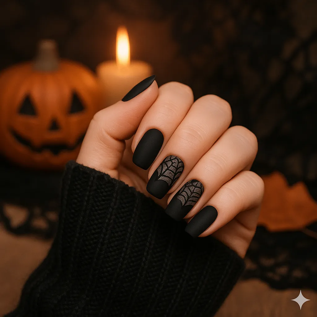 Deep matte black base with lace-style art (fine elegant pattern)