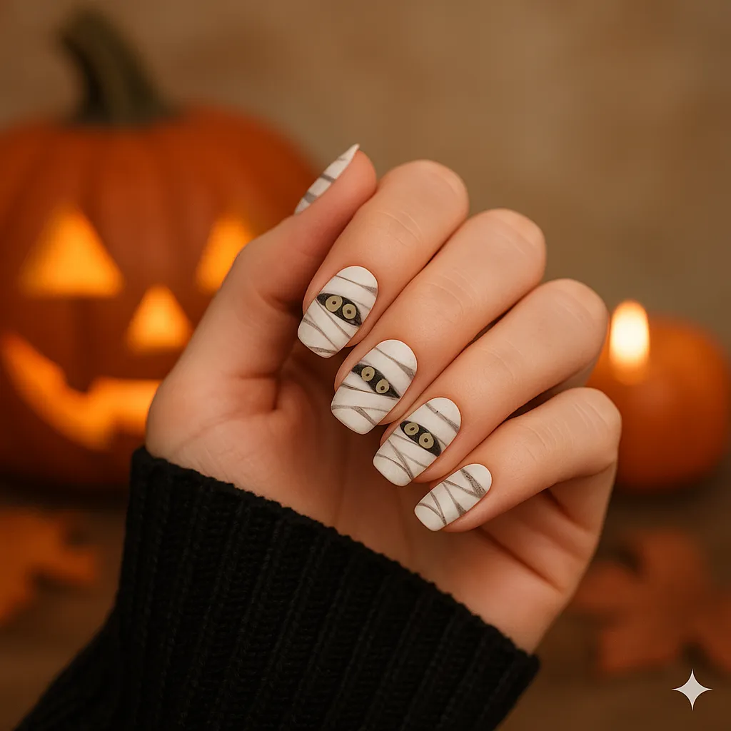 Mummy-Nails-and-Glowing-Pumpkin nail design