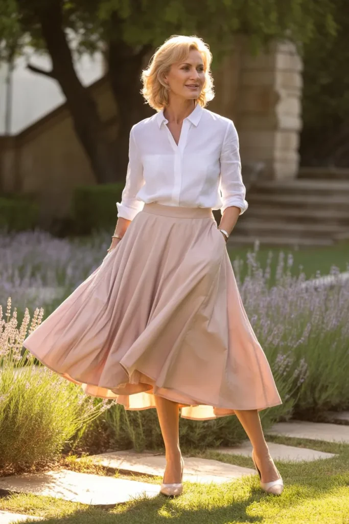 A-Line Skirt with Tucked-In Blouse