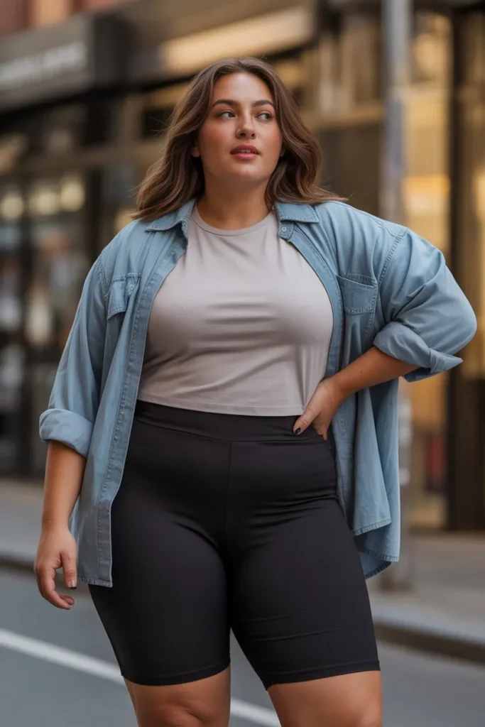 Basic Tee with Biker Shorts and Open Shirt