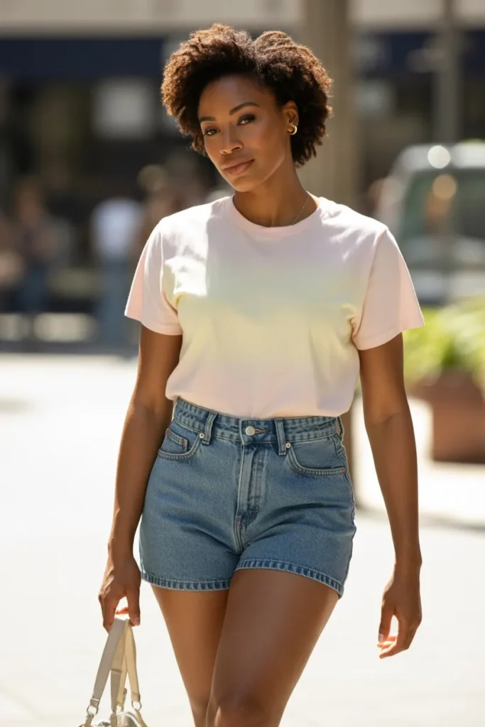 Basic Tee with High-Waisted Denim Shorts