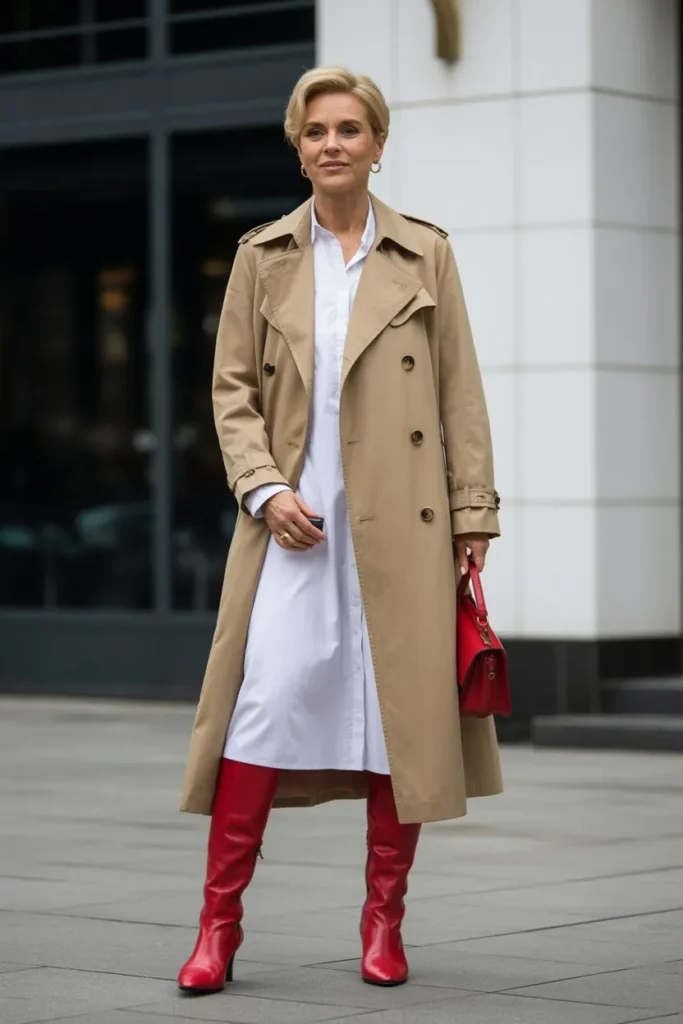 Beige Double-Breasted Trench and Red Leather Boots
