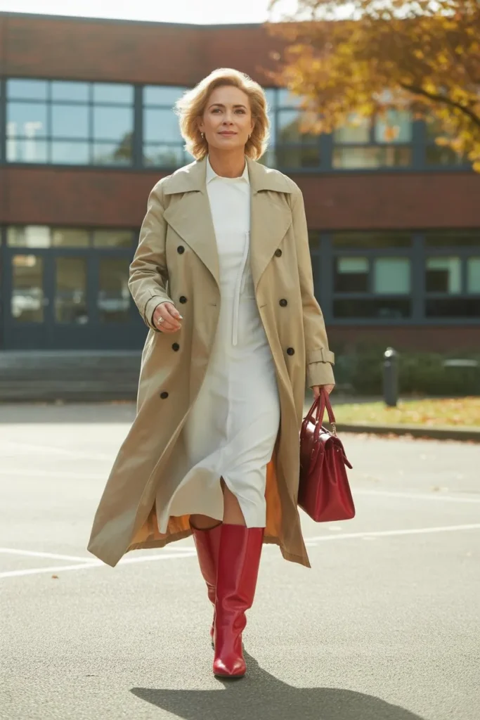 Beige Trench and Red Leather Boots