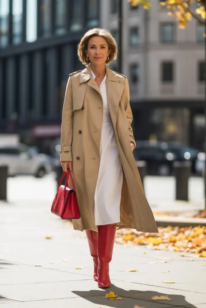 Beige Trench and Red Leather Boots