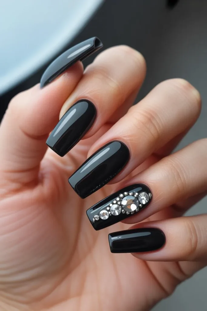 Black Coffin Nails with Rhinestone Accents
