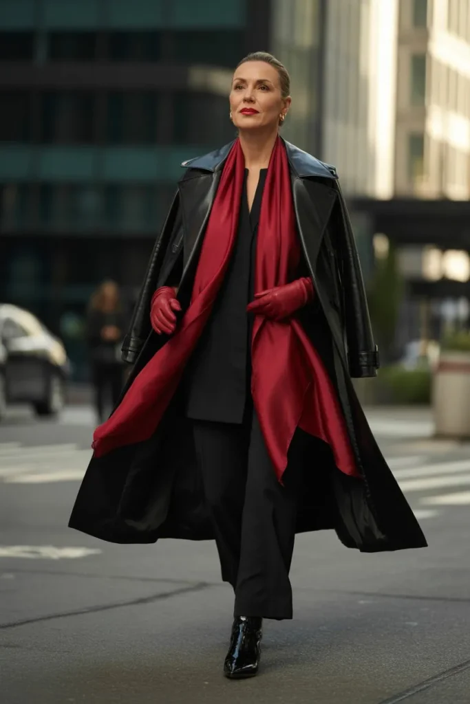 Black Leather Trench and High-Energy Red Accents