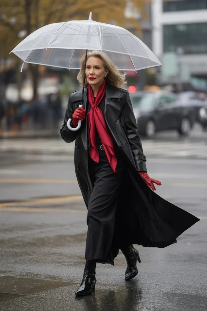 Black Leather Trench and Red Accents