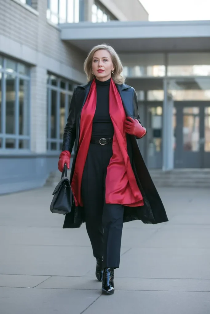 Black Leather Trench and Red Accessories