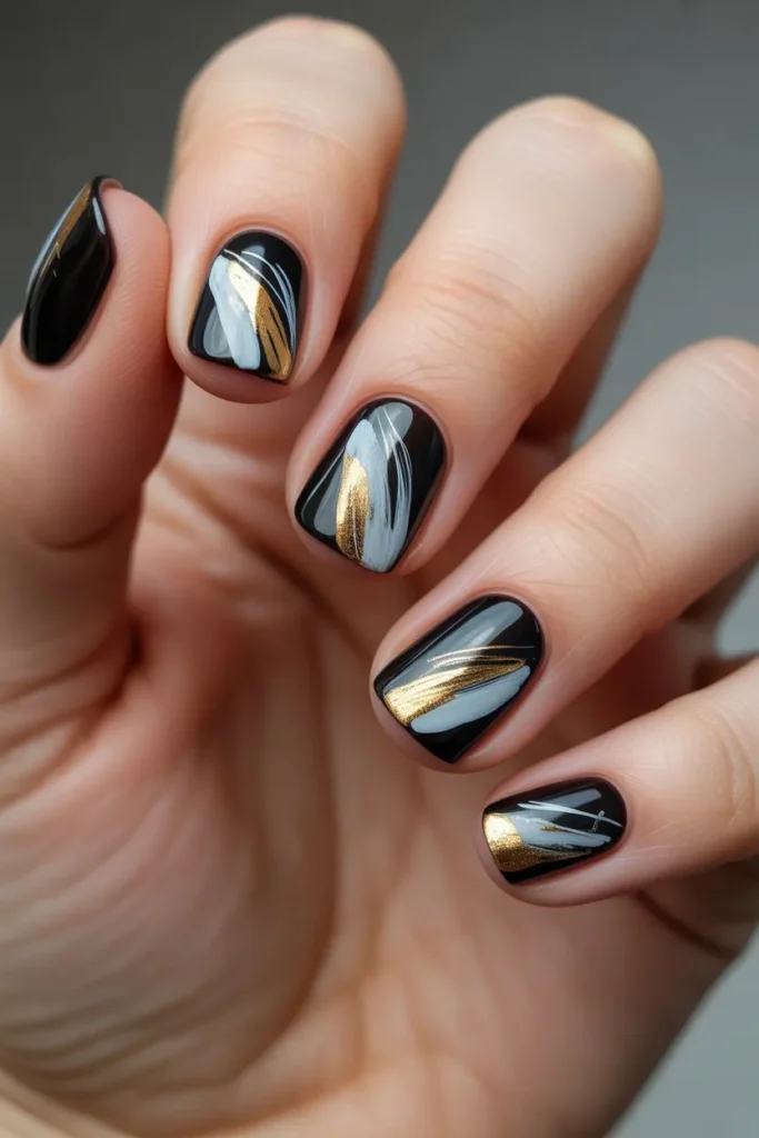 Black Nails with Abstract Art Design