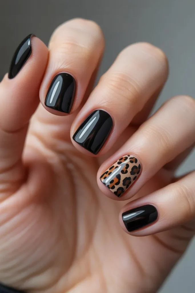 Black Nails with Animal Print Accent