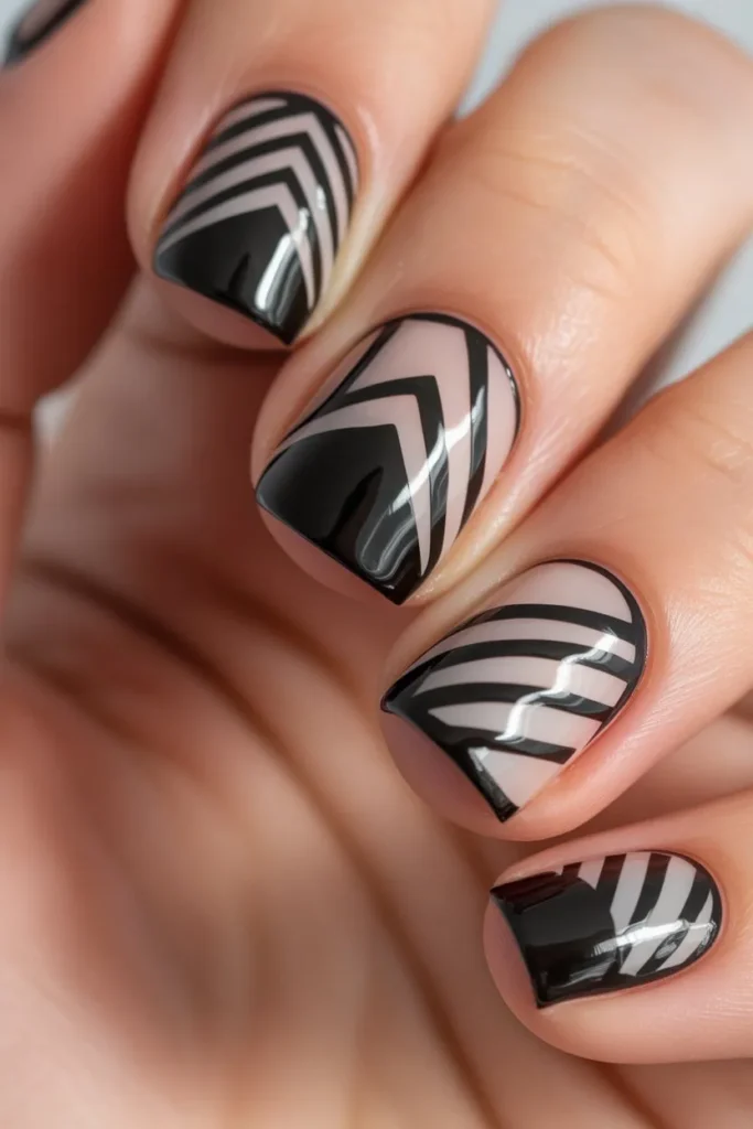 Black Nails with Geometric Patterns