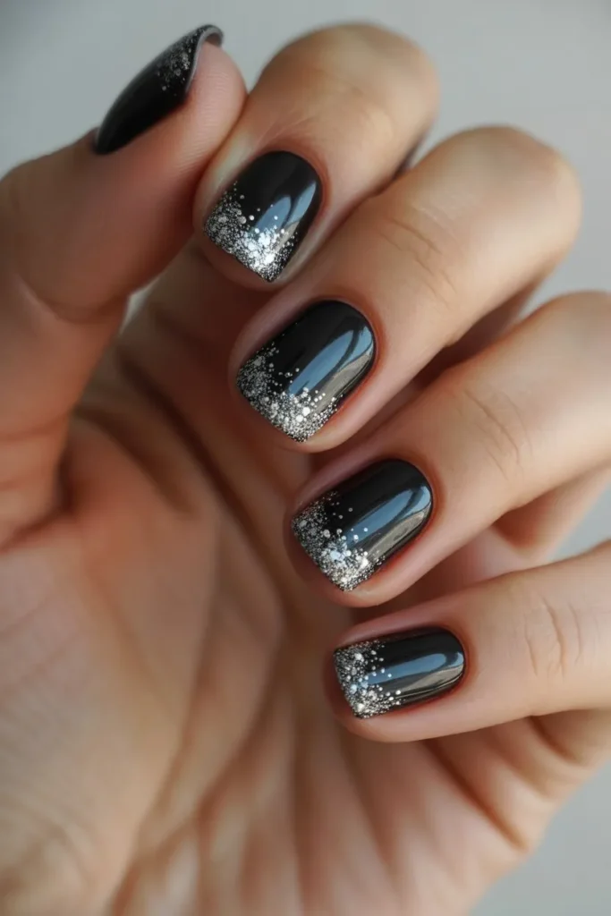 Black Nails with Glitter Gradient