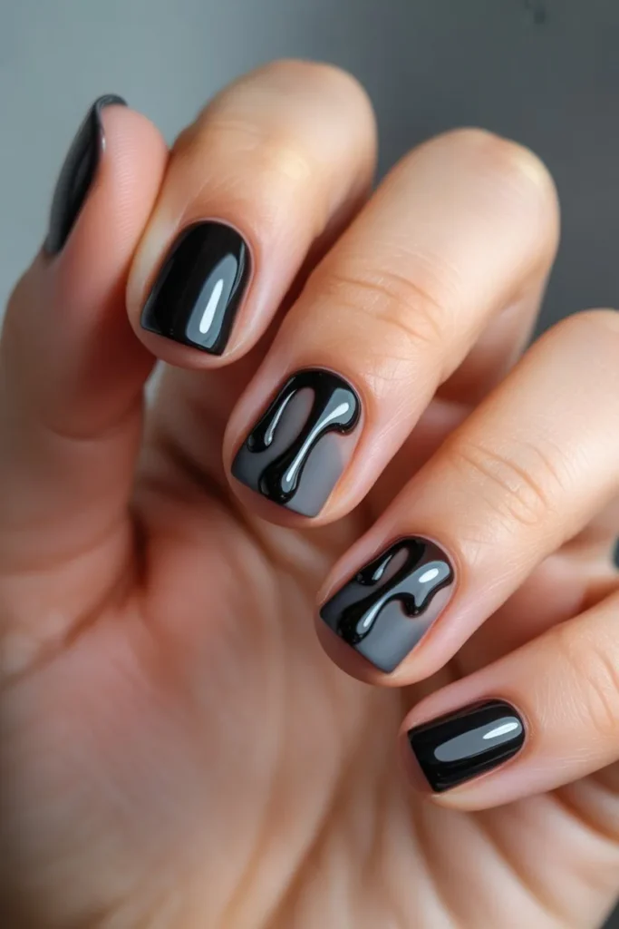 Black Nails with Glossy Drip Effect