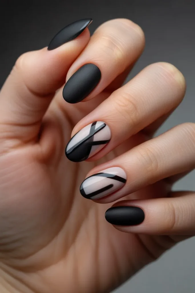 Black Nails with Matte and Gloss Mix