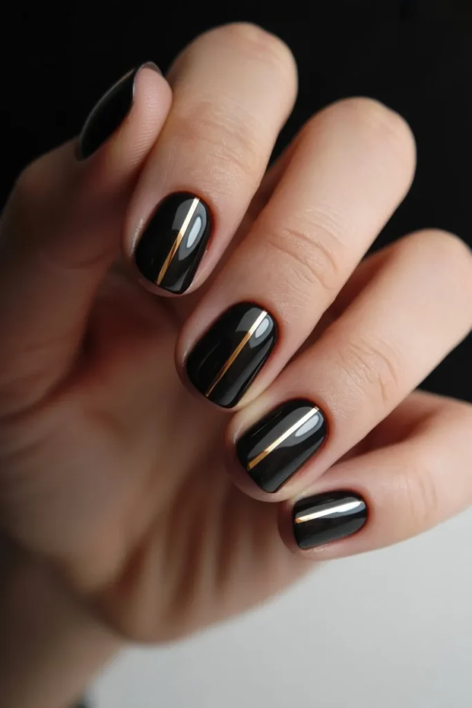 Black Nails with Metallic Stripe Detail