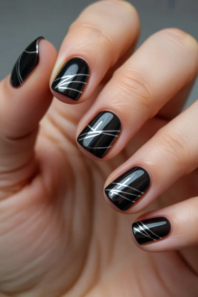 Black Nails with Silver Line Art