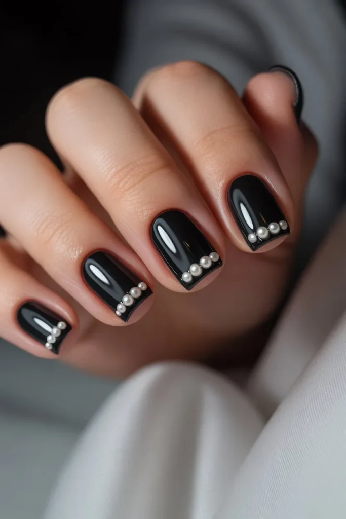 Black Nails with Tiny Pearl Accents