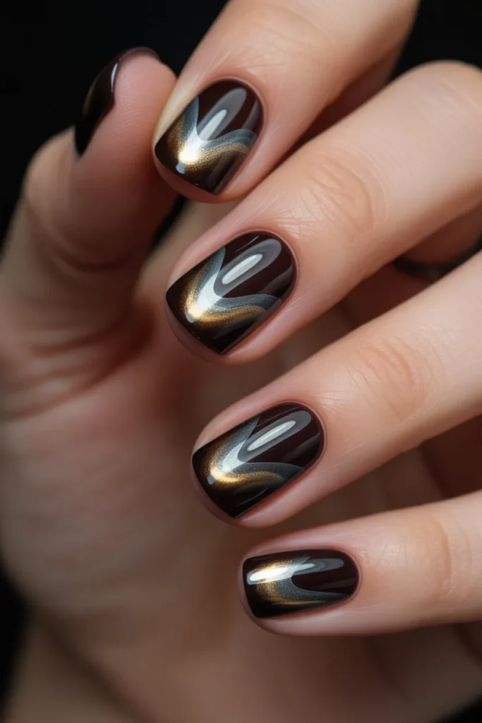 Black Nails with Velvet Cat Eye Effect
