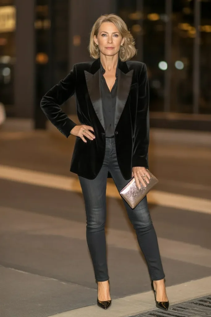 Black Velvet Blazer and Dark Wash Skinny Jeans