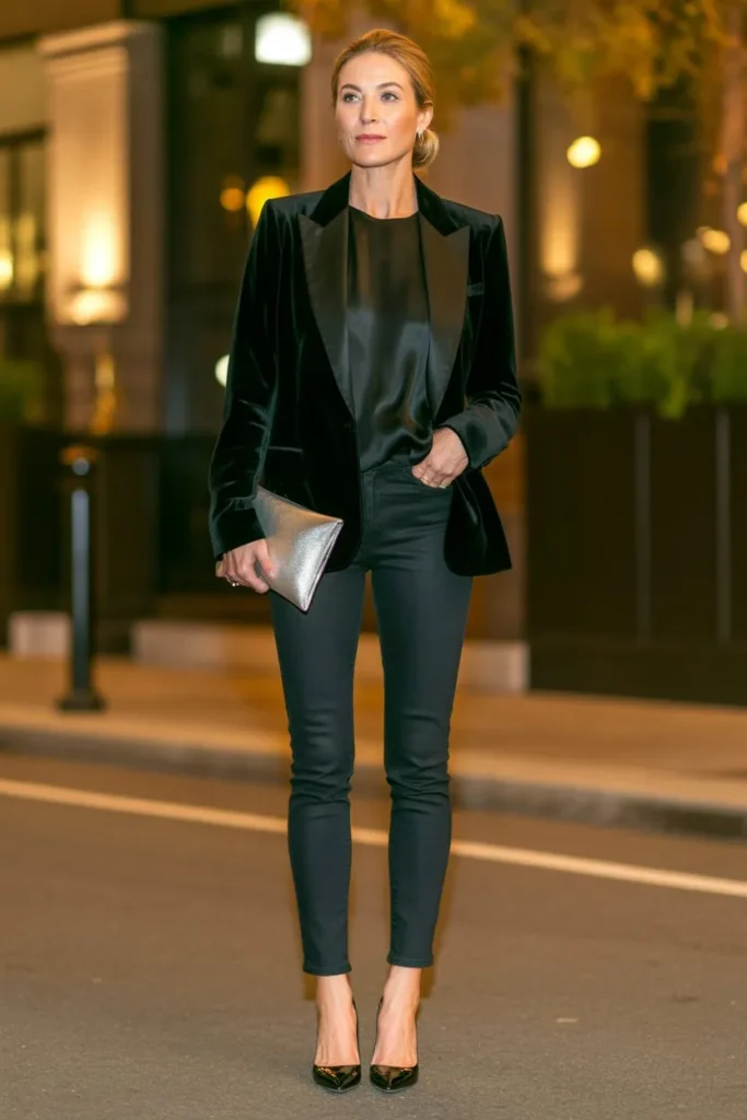 Black Velvet Blazer and Dark Wash Skinny Jeans