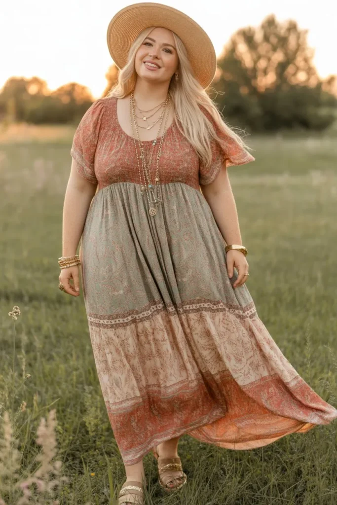 Boho Printed Maxi Dress with Hat