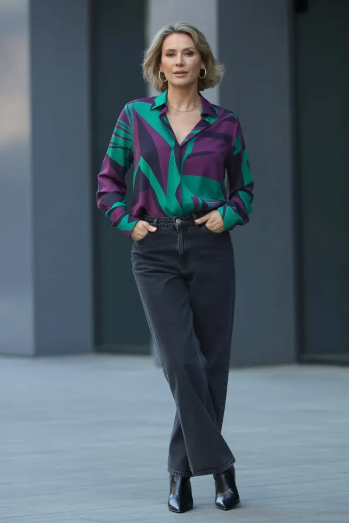 Bold Printed Blouse with Dark Denim