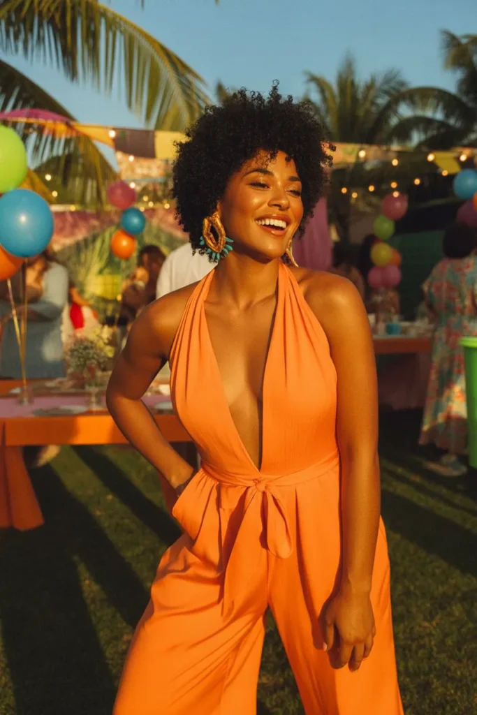 Bright Colored Jumpsuit with Statement Earrings