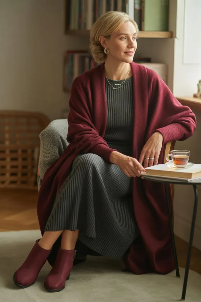 Burgundy Cardigan and Grey Ribbed Dress
