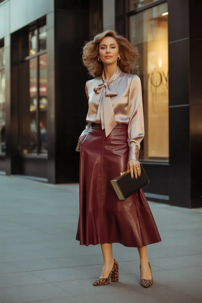 Burgundy Leather Midi and Champagne Silk Blouse