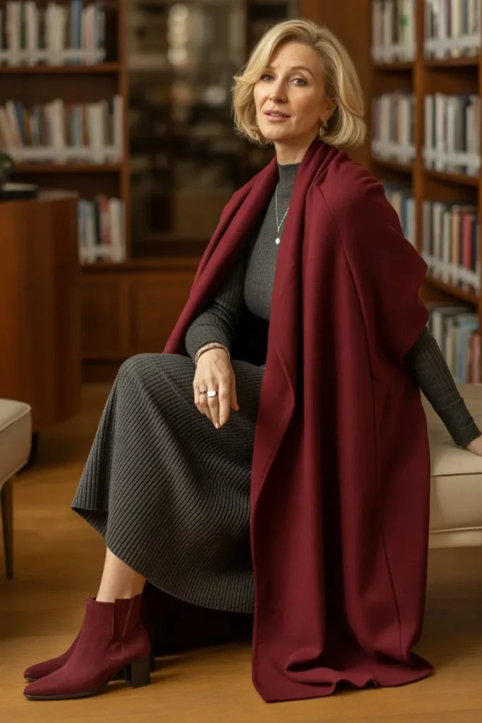 Burgundy Wool Wrap and Grey Knit Dress