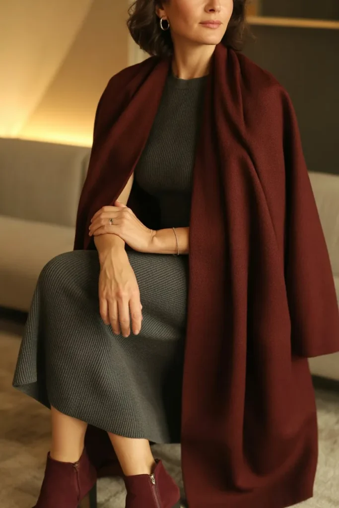 Burgundy Wool Wrap and Grey Ribbed Knit Midi