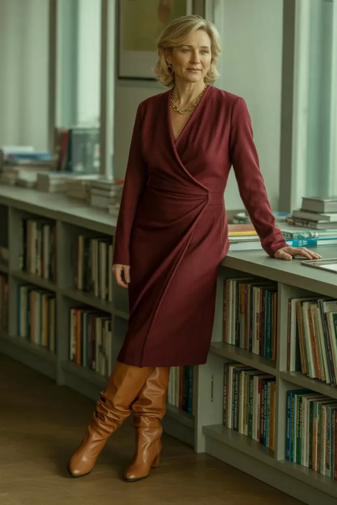 Burgundy Wrap Dress and Tall Brown Boots