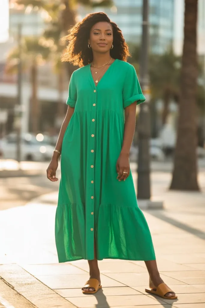 Button-Front Maxi Dress with Slides