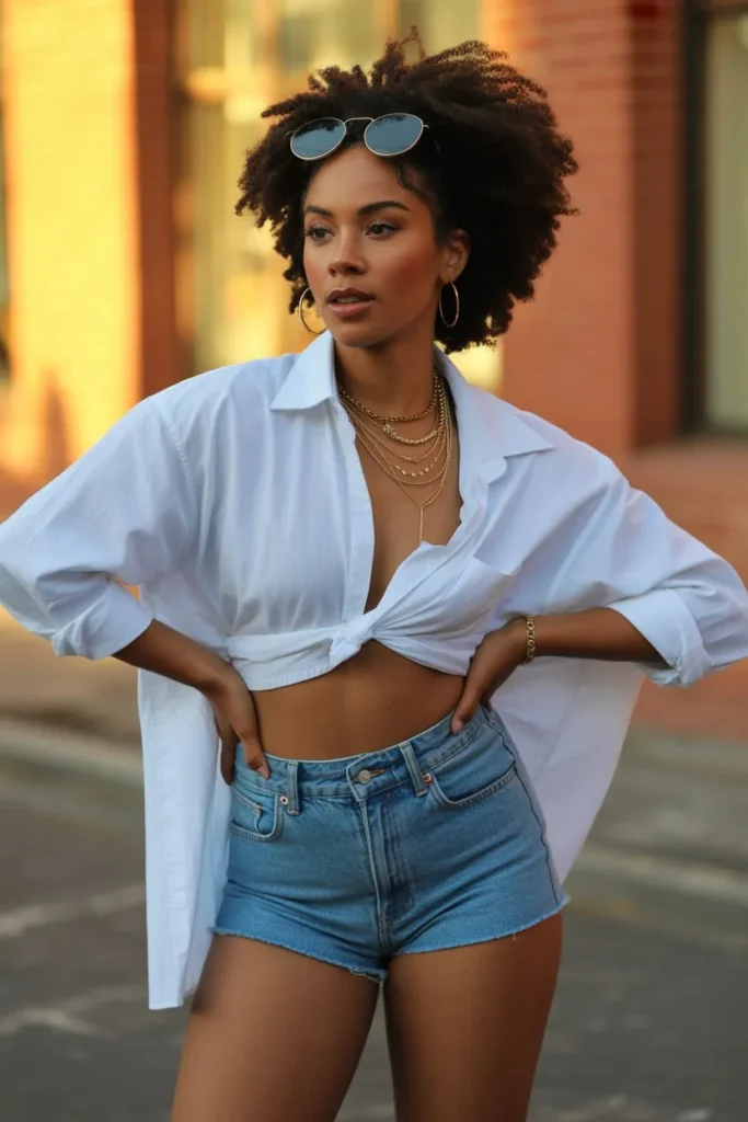 Button-Up Shirt with Denim Shorts