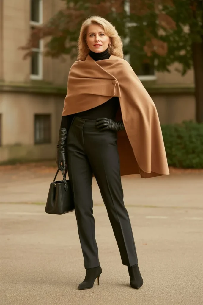 Camel Cape and Slim Black Trousers
