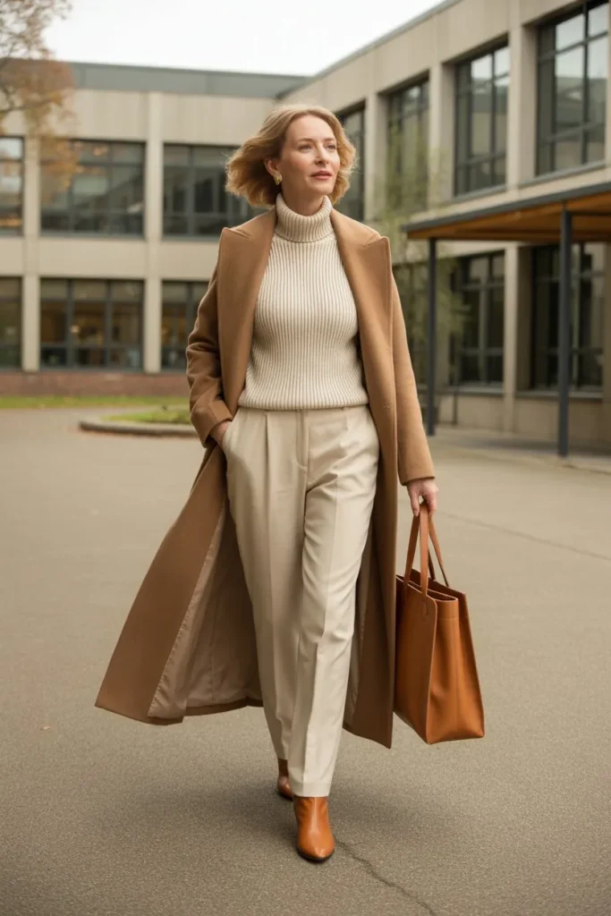 Camel Wool Wrap Coat and Cream Knits