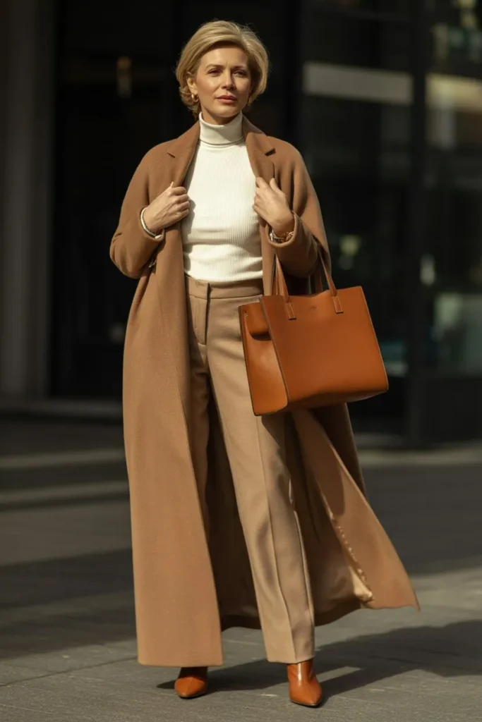 Camel Wool Wrap Coat and Monochromatic Cream Knits