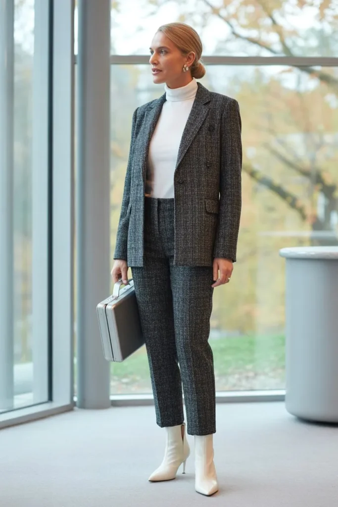 Charcoal Grey Tweed Suit and White Booties
