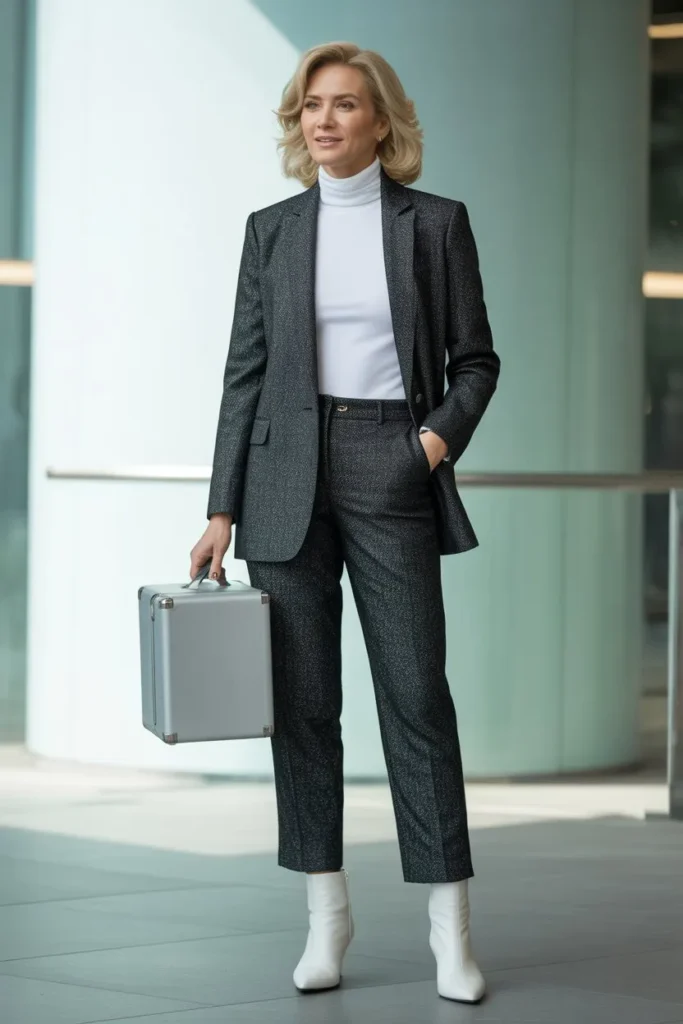 Charcoal Tweed Suit and Sharp White Booties