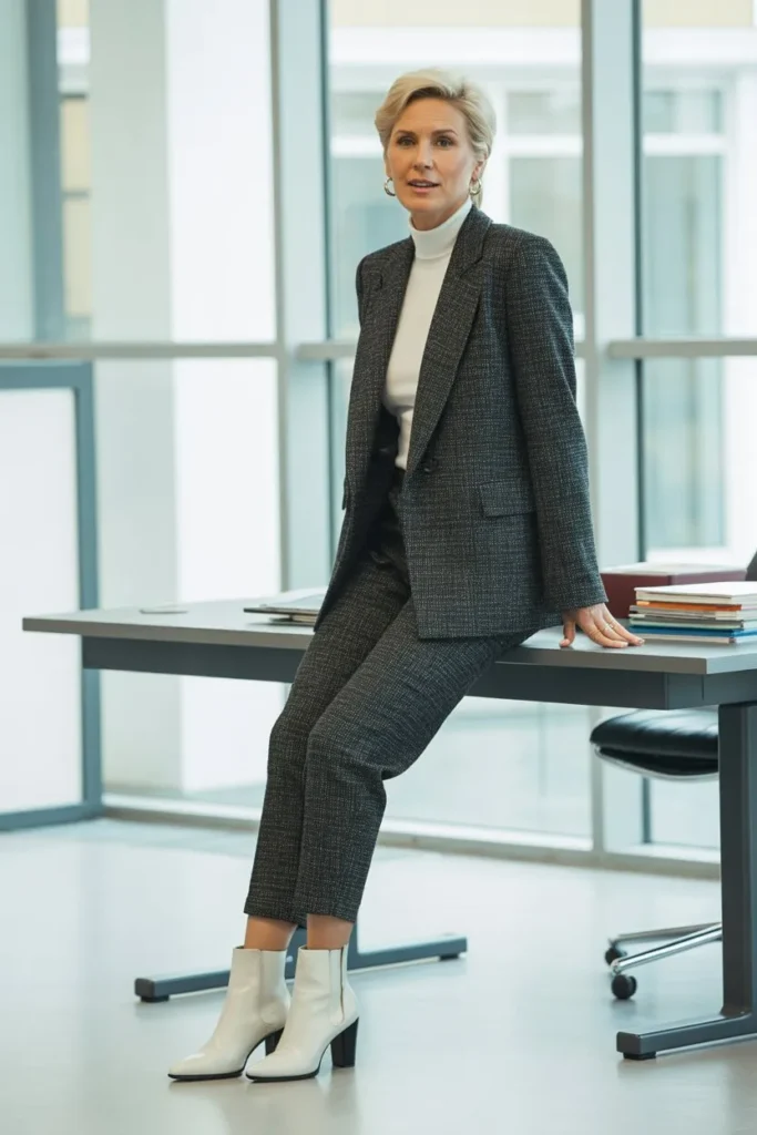 Charcoal Tweed Suit and White Leather Boots