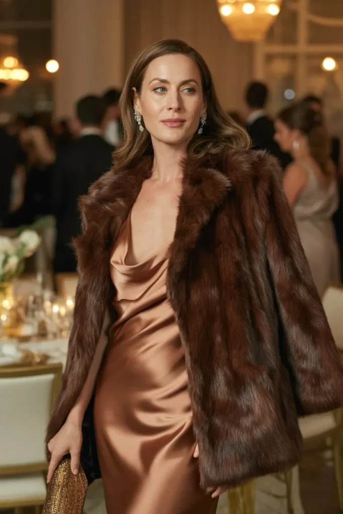 Chocolate Brown Faux Fur and Copper Silk Slip