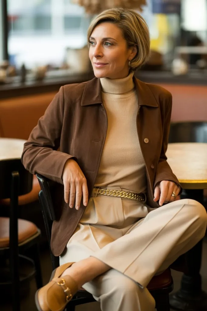Chocolate Brown Suede Jacket and Cream Trousers
