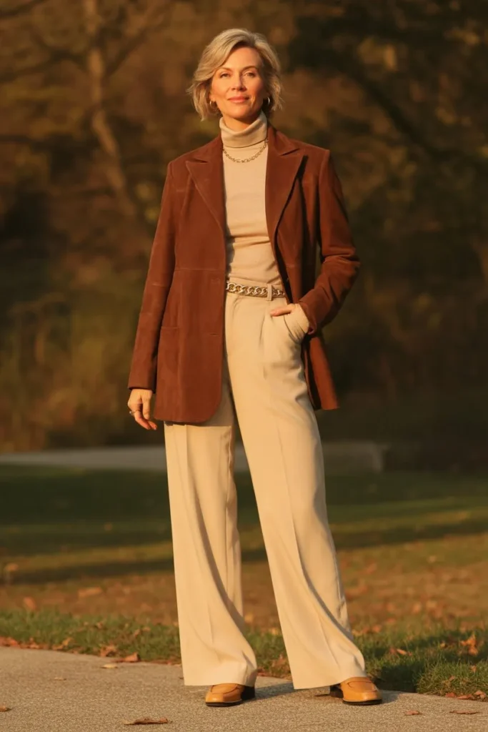 Chocolate Brown Suede Jacket and Cream Trousers