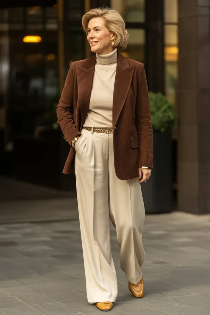 Chocolate Brown Suede Jacket and Cream Wide-Leg Trousers