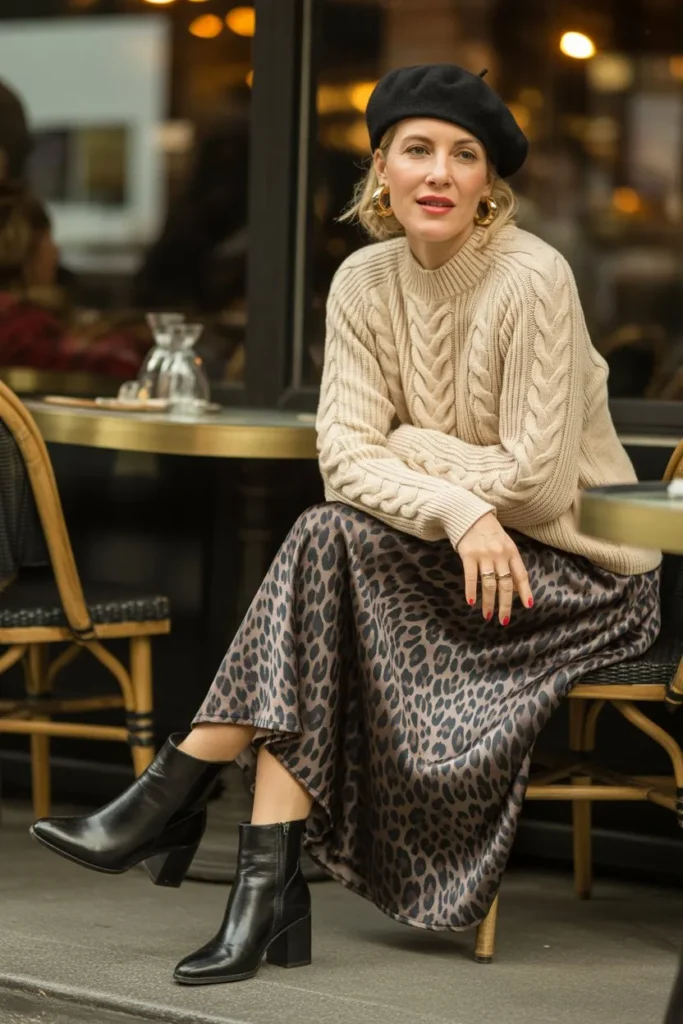 Chunky Cream Cable Knit and Leopard Print Midi