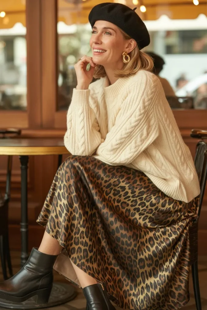 Cream Cable Knit and Leopard Print Skirt