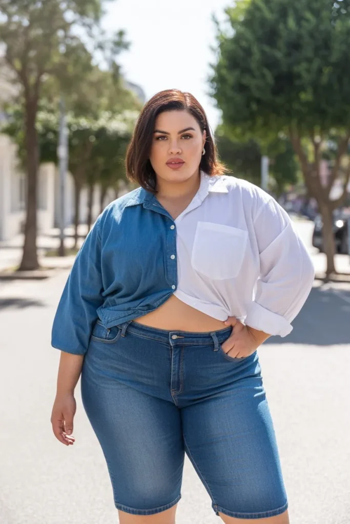 Cropped Jeans with Loose Button-Down Shirt