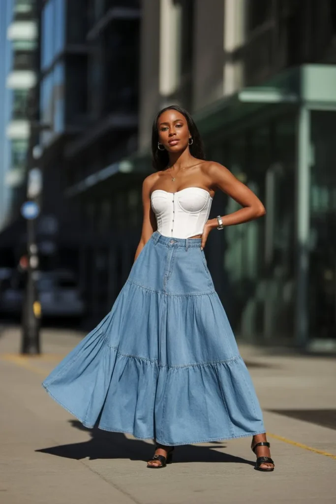 Denim Maxi Skirt with Corset Top