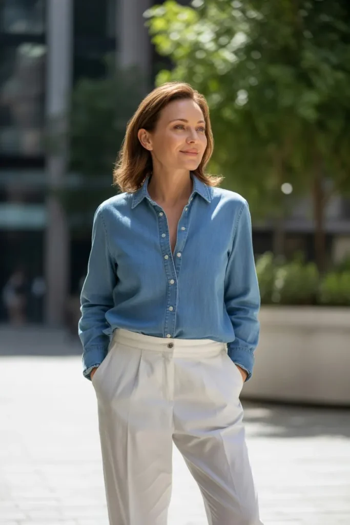 Denim Shirt with White Trousers