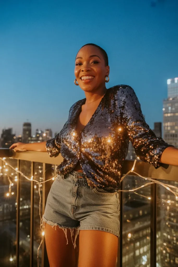 Denim Shorts with Sparkly Top